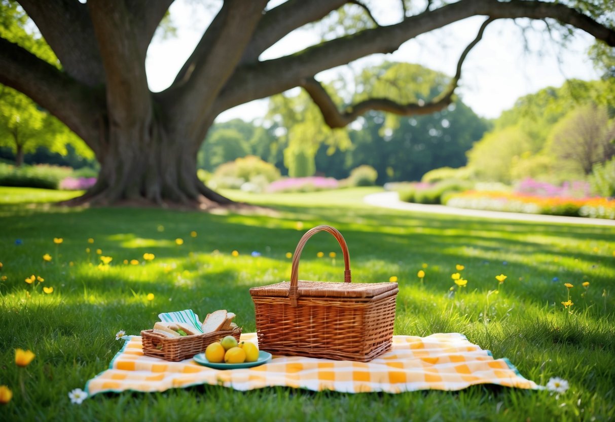 A sunny day at Arnold Arboretum, with a picnic blanket spread under a sprawling tree. A wicker basket holds sandwiches and fruit, while colorful flowers dot the grass