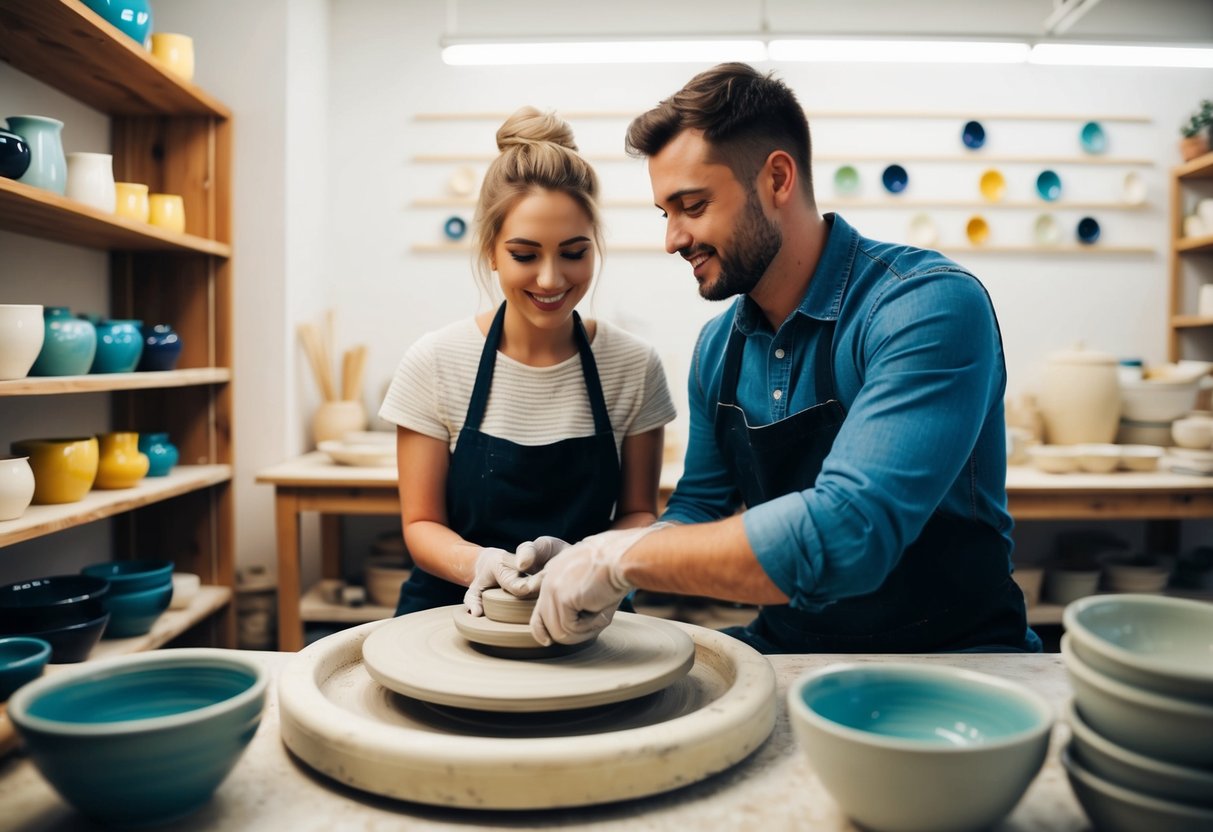 A couple sits at a pottery wheel, molding clay together. Shelves of colorful ceramics line the studio walls, while the instructor offers guidance