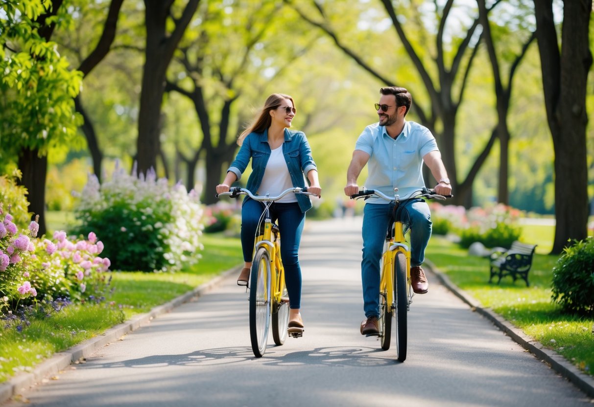 A couple bikes through a scenic park, surrounded by lush greenery and blooming flowers, enjoying a sunny birthday ride together