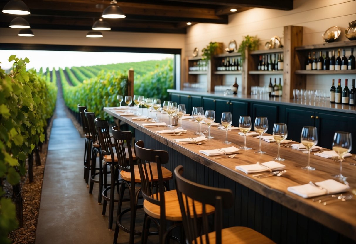 A cozy winery with rows of grapevines, a rustic wooden tasting bar, and elegant wine glasses scattered across the tables