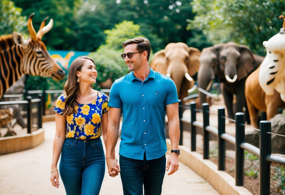 A couple walks through a vibrant zoo, admiring the various animal exhibits. The boyfriend smiles as they enjoy the unique birthday activity