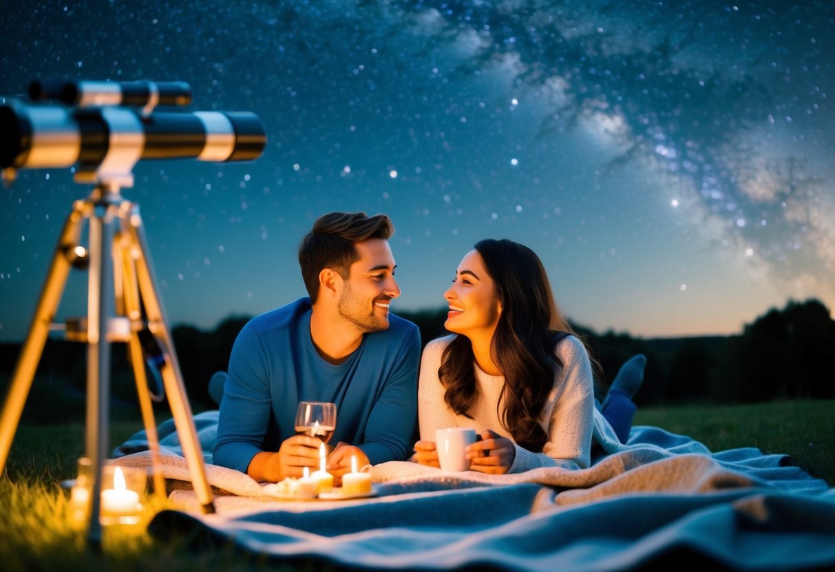 A couple lying on a blanket under a starry sky, telescope nearby, celebrating a birthday with stargazing and cozy conversation