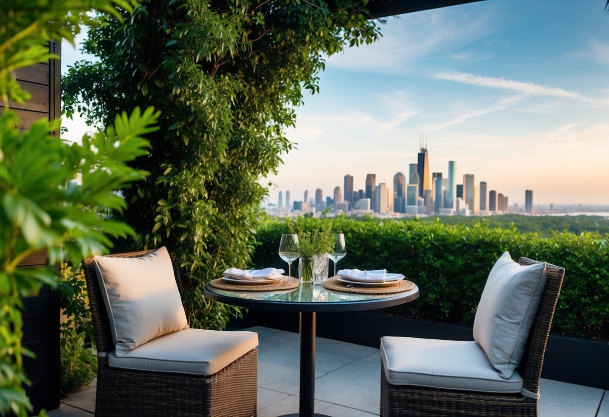 A cozy outdoor setting with a table set for two, surrounded by lush greenery and a view of the city skyline