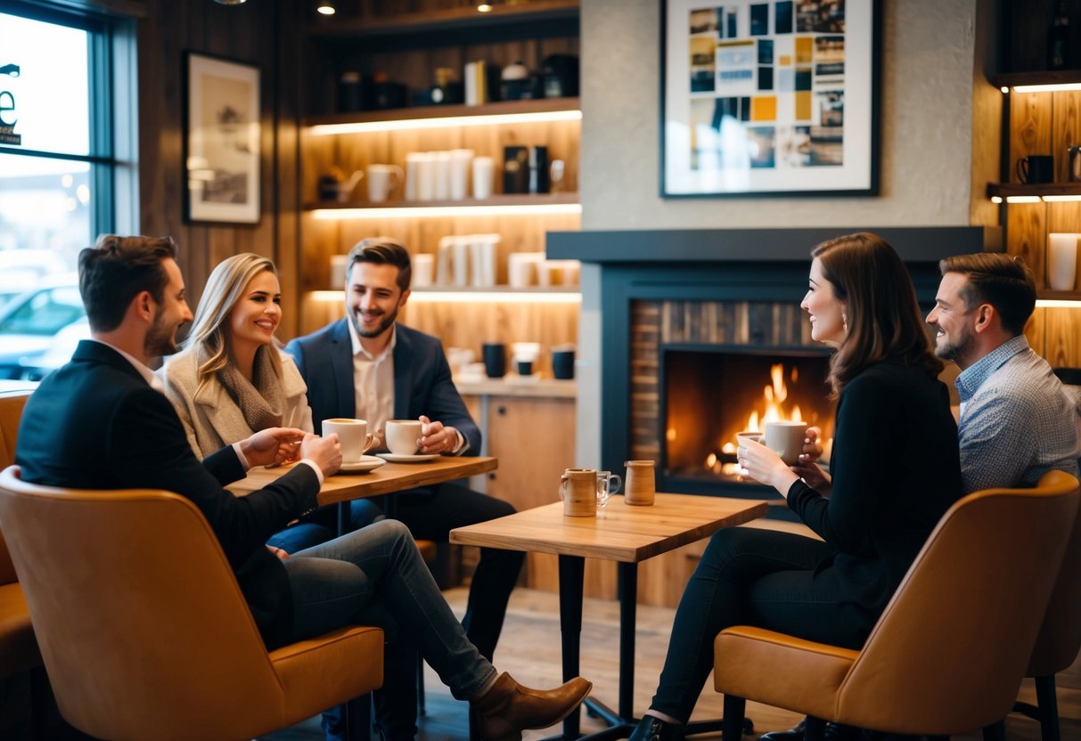 A cozy cafe in Appleton, WI with warm lighting, a crackling fireplace, and couples enjoying coffee and conversation