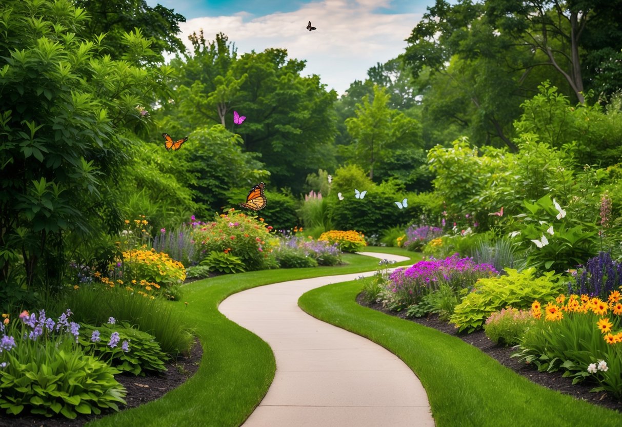 Lush greenery surrounds a winding path through the Butterfly Gardens of Wisconsin. Colorful flowers and fluttering butterflies create a serene and enchanting atmosphere