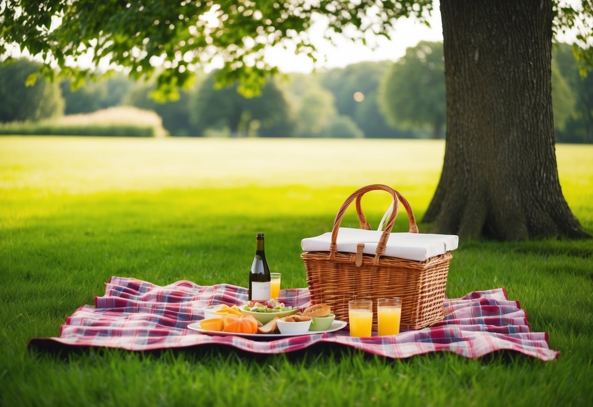 A picnic blanket spread out on lush green grass under the shade of a tall tree, with a wicker basket filled with delicious food and drinks