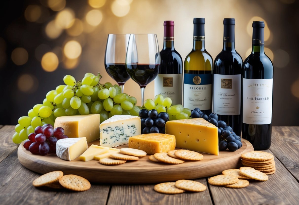 A variety of cheeses arranged on wooden boards, accompanied by grapes, crackers, and a selection of wines