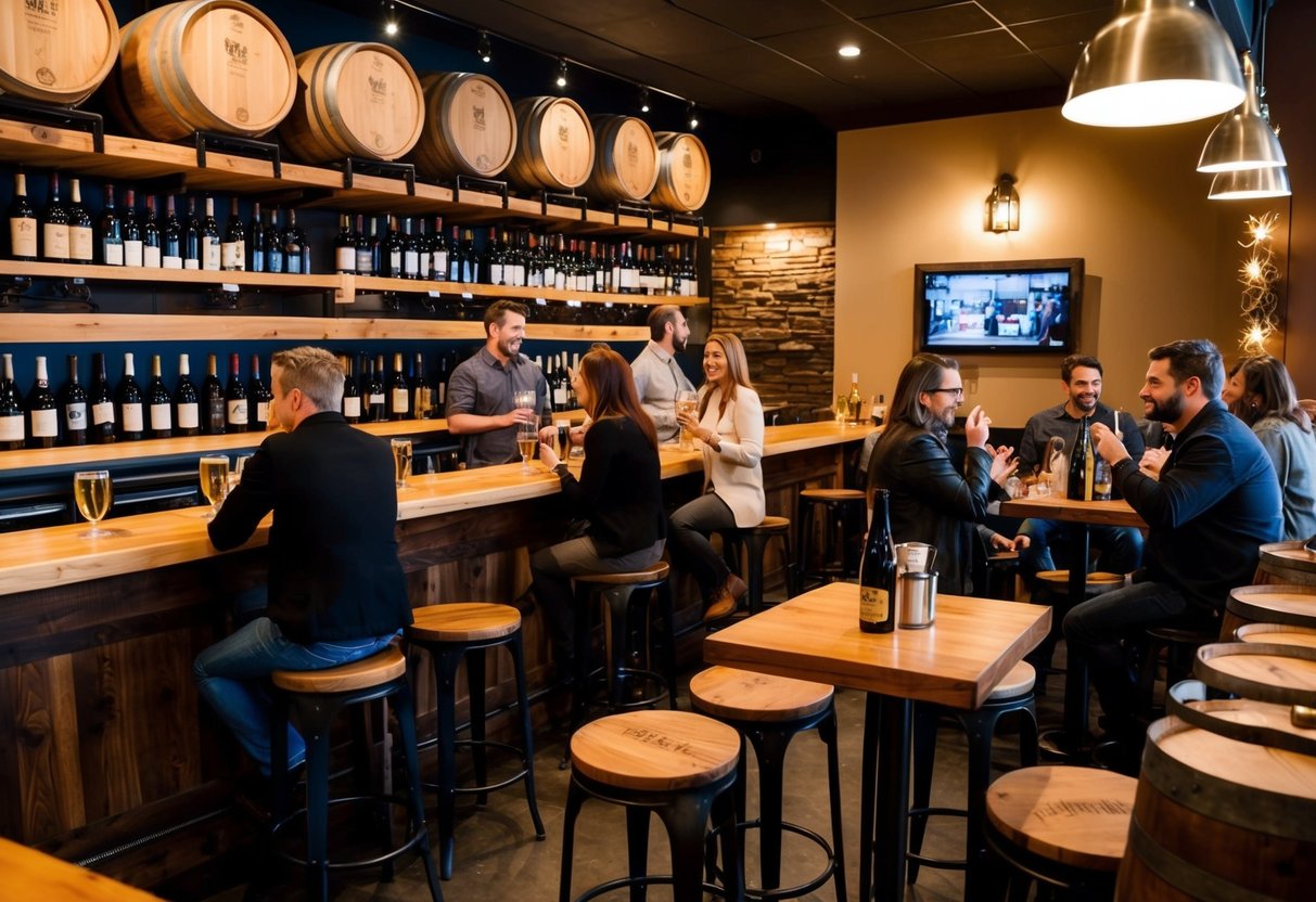 A cozy brewpub with rustic decor, wooden barrels, and shelves of wine bottles. Guests gather around small tables, sipping and savoring their wine tasting experience