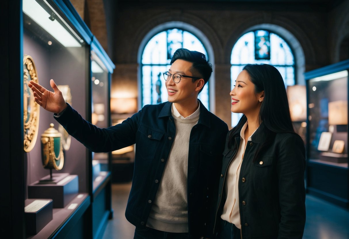 A couple explores a dimly lit historical museum, admiring artifacts and displays. The boyfriend gestures excitedly at a particular exhibit, while the girlfriend listens attentively