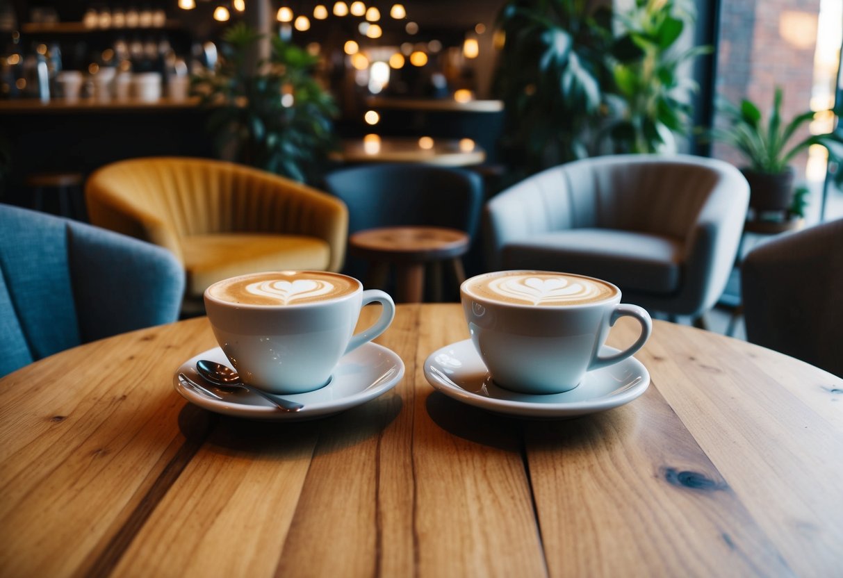 Two coffee cups on a wooden table at Tempest Coffee Collective, with a latte art heart and a cappuccino, surrounded by cozy chairs and plants