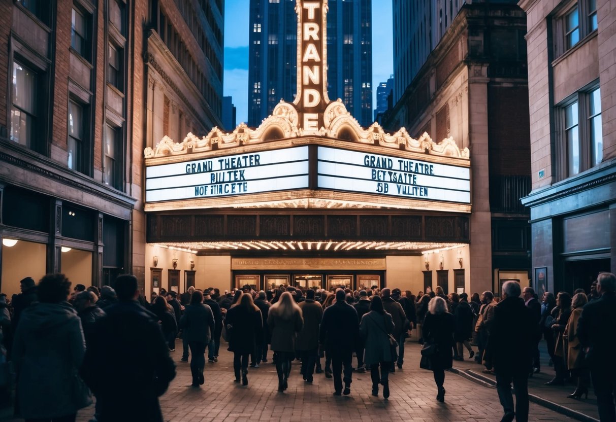 A grand theater with a marquee lit up at night, surrounded by bustling city streets and a crowd of people entering the building