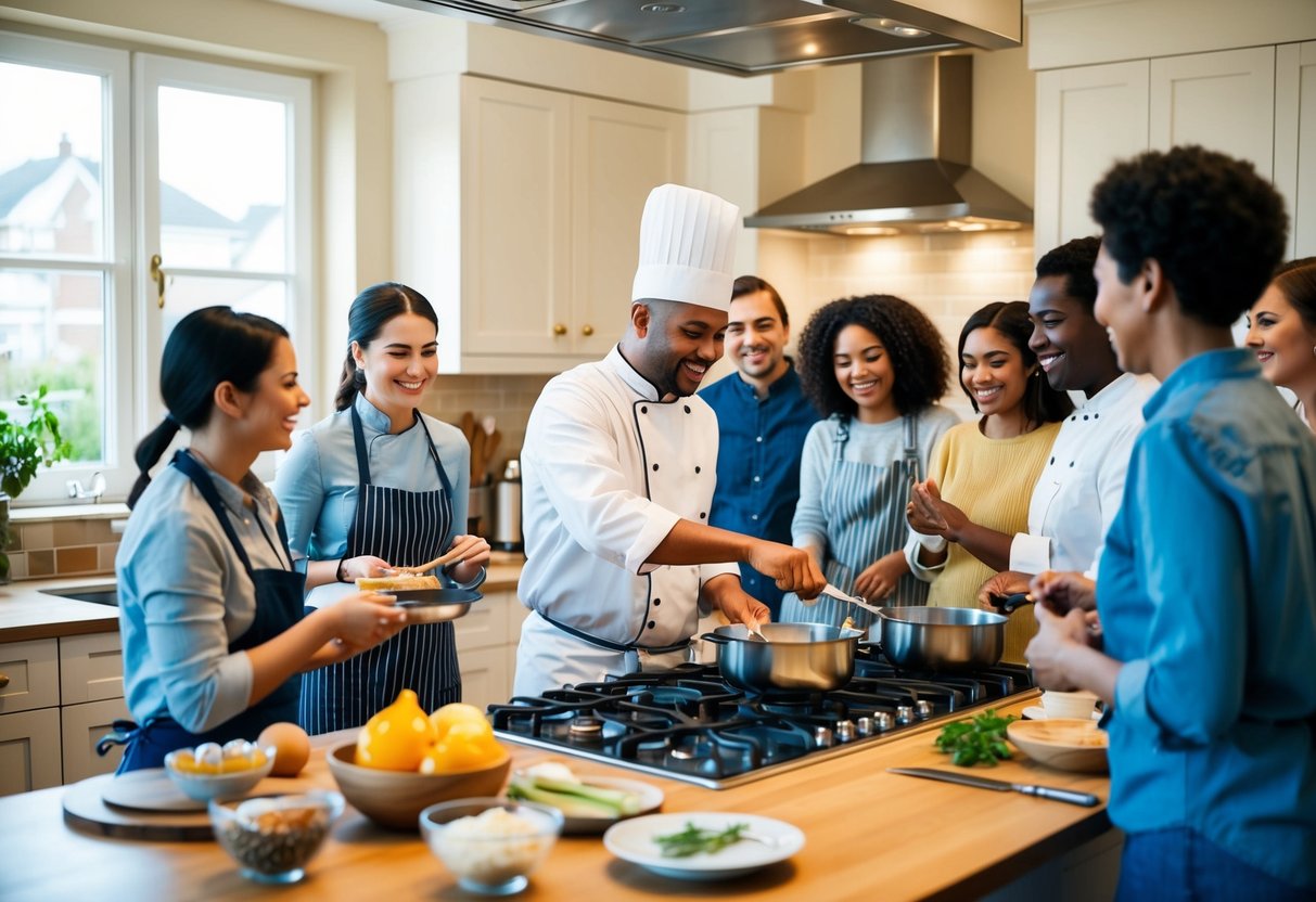 A cozy kitchen with a chef demonstrating cooking techniques to a group of happy participants. Ingredients and utensils are neatly arranged on the counter