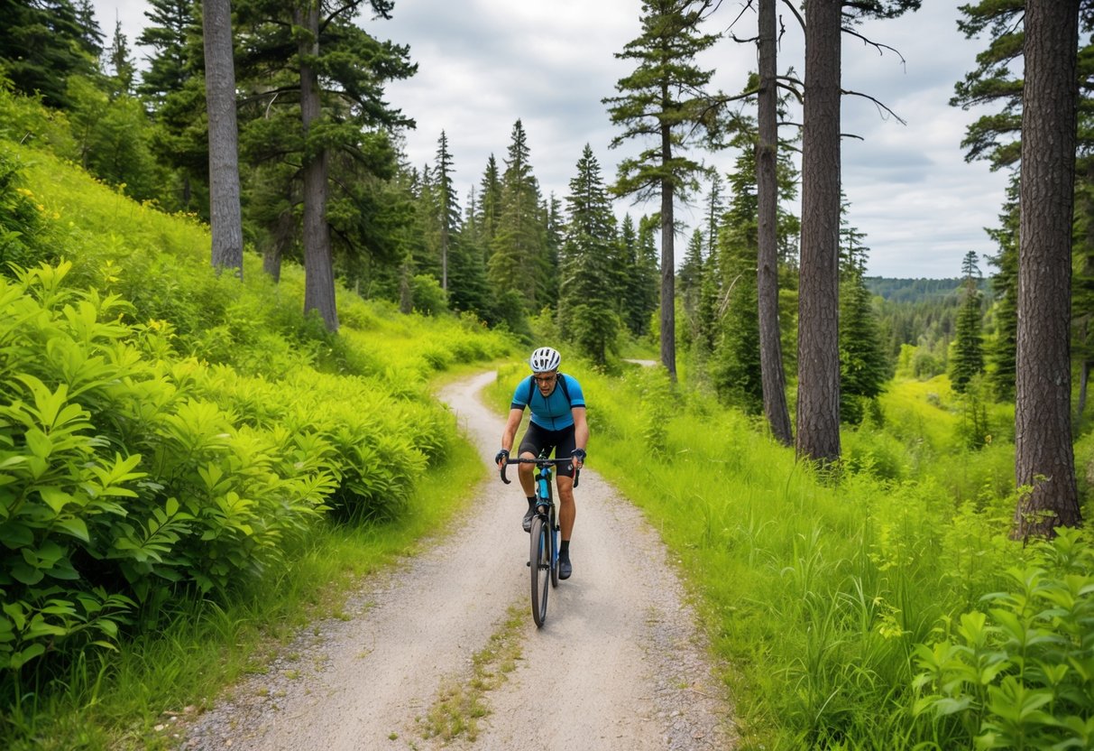 A cyclist navigates a winding trail through the lush Gordon Bubolz Nature Preserve, surrounded by tall trees and vibrant greenery