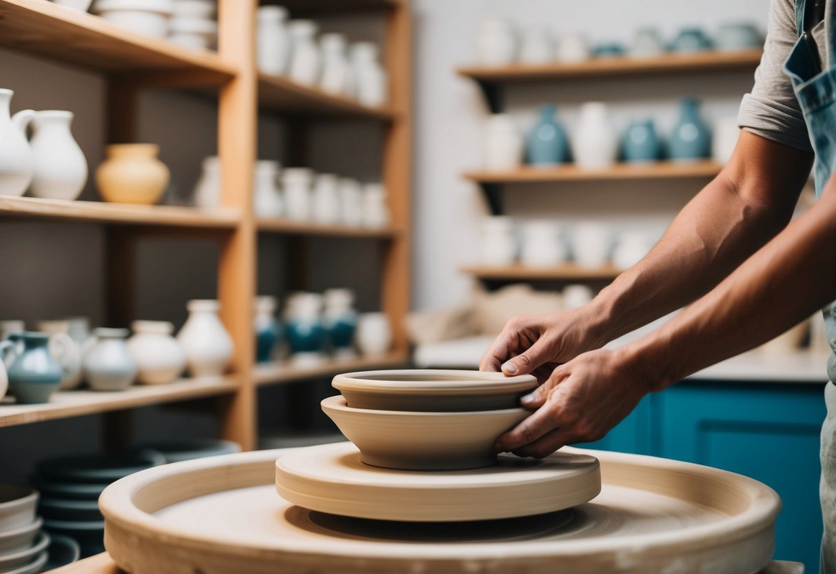 A pottery wheel spins as hands shape clay in a cozy studio with shelves of finished ceramics