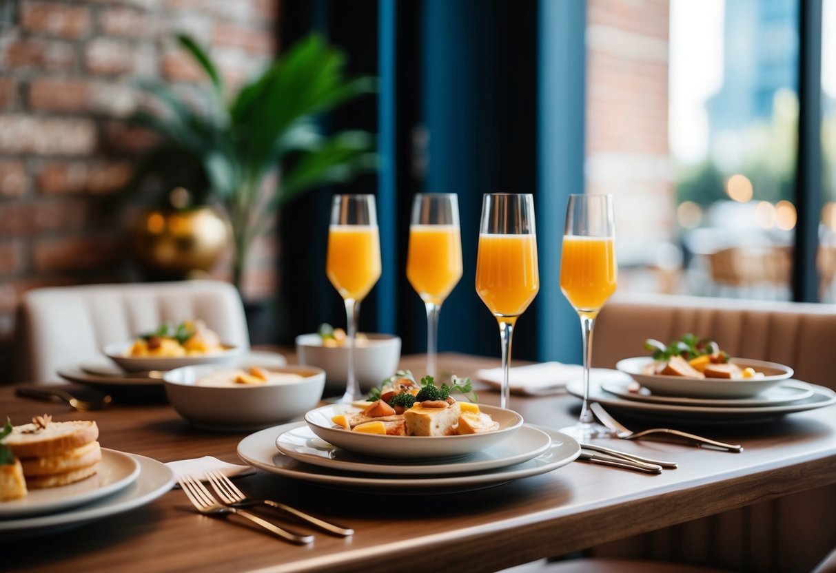 A table set with brunch dishes and mimosas at Apollon, with a cozy and inviting atmosphere