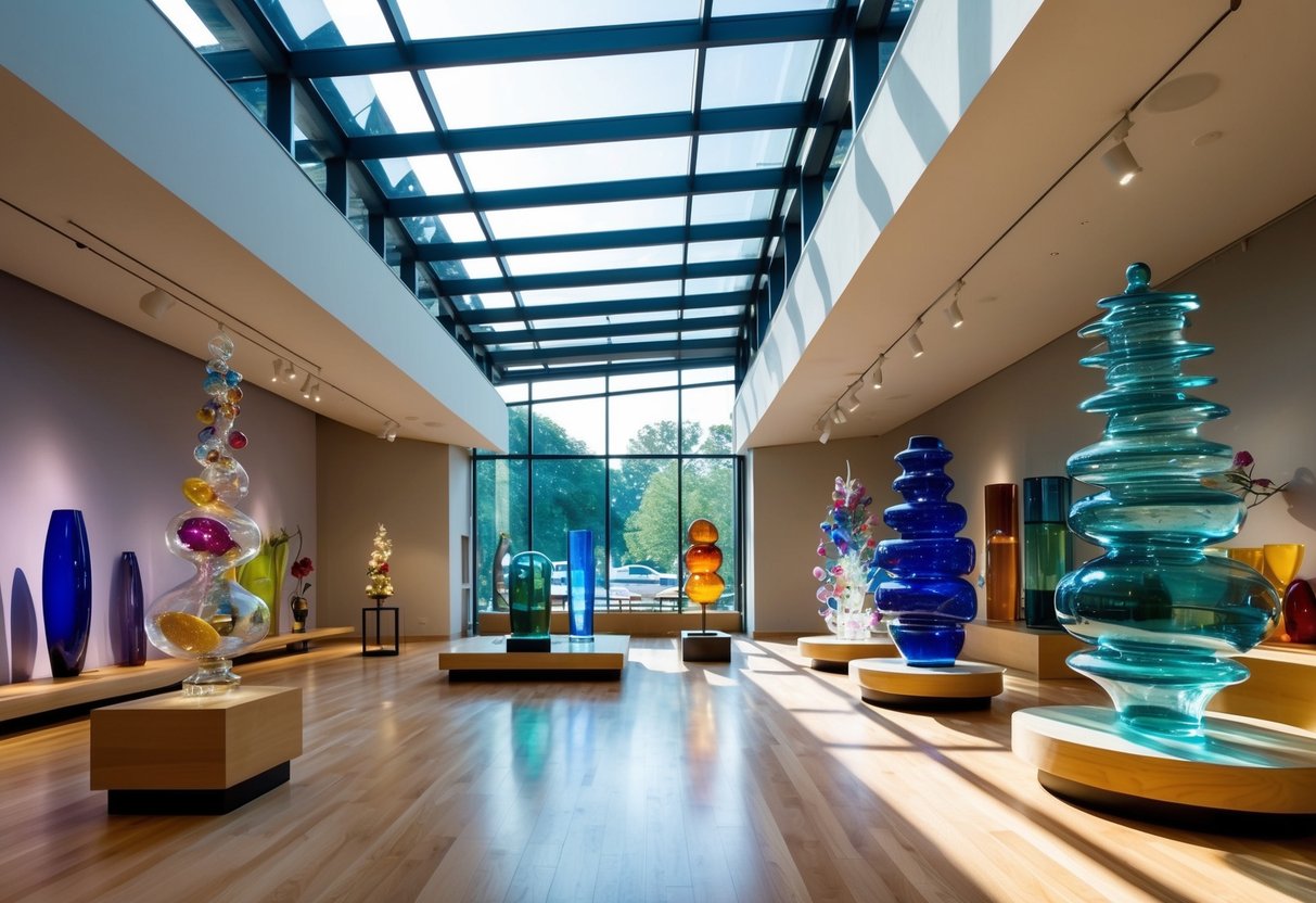 The Bergstrom-Mahler Museum of Glass features colorful glass sculptures and exhibits, with natural light streaming in through the large windows