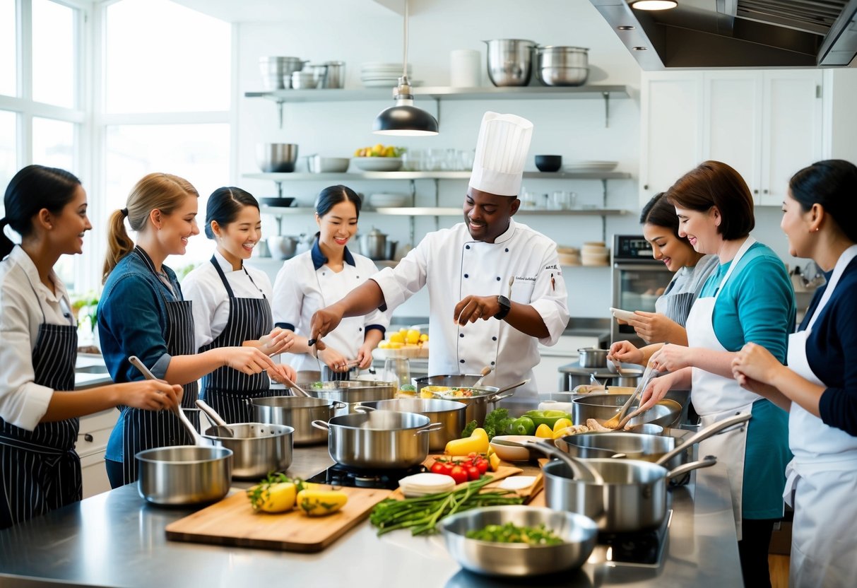 A chef teaches a cooking class in a bright, spacious kitchen filled with pots, pans, and fresh ingredients. Students eagerly follow along as the instructor demonstrates various cooking techniques