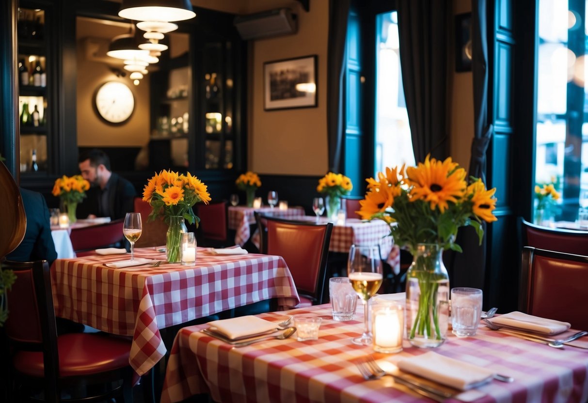 A cozy Italian bistro with dim lighting, checkered tablecloths, and a vase of fresh flowers on each table. The aroma of garlic and tomatoes fills the air as diners enjoy their meals