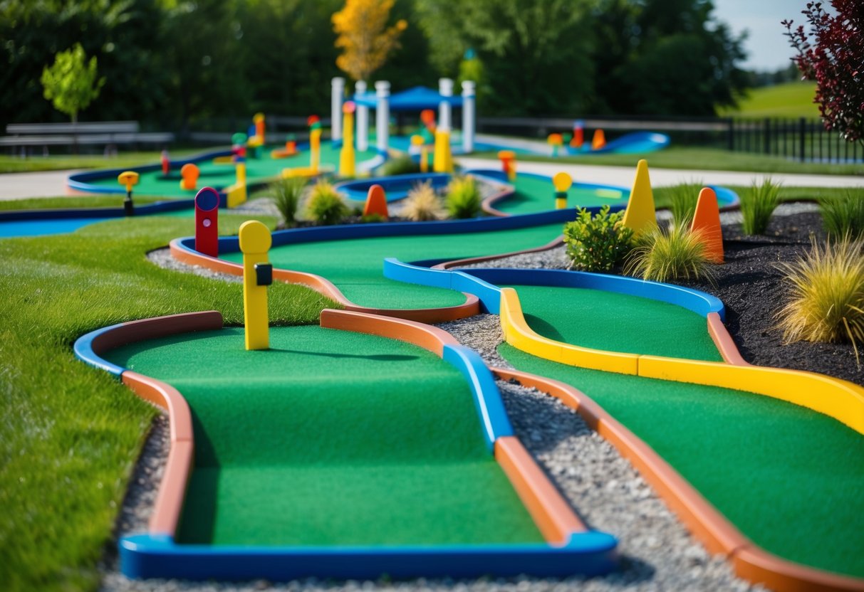 Mini-golf course with colorful obstacles, winding paths, and lush landscaping at Badger Sports Park