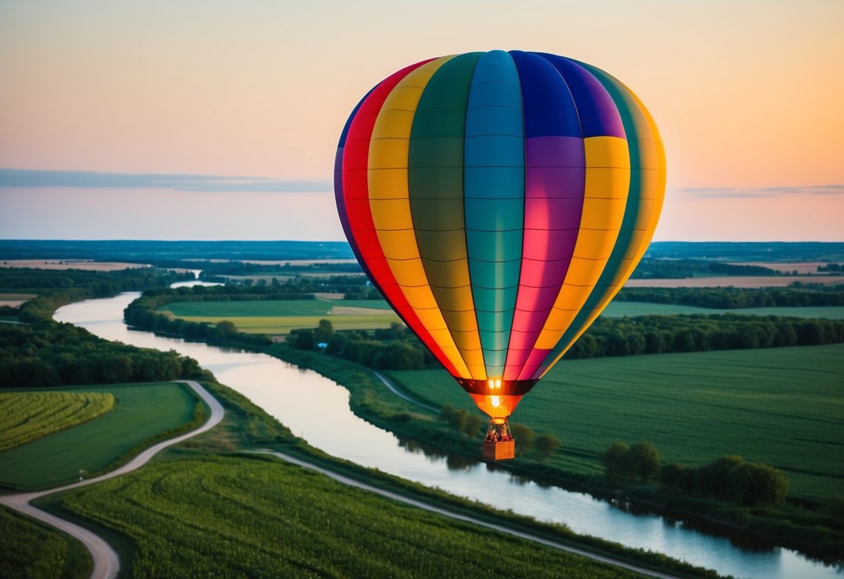 A colorful hot air balloon floats over the Wisconsin countryside, with the landscape below dotted with green fields and winding rivers