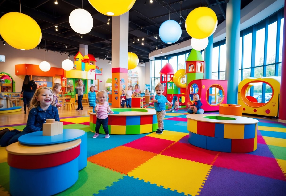A colorful, vibrant children's museum with interactive exhibits and play areas, surrounded by families and laughter