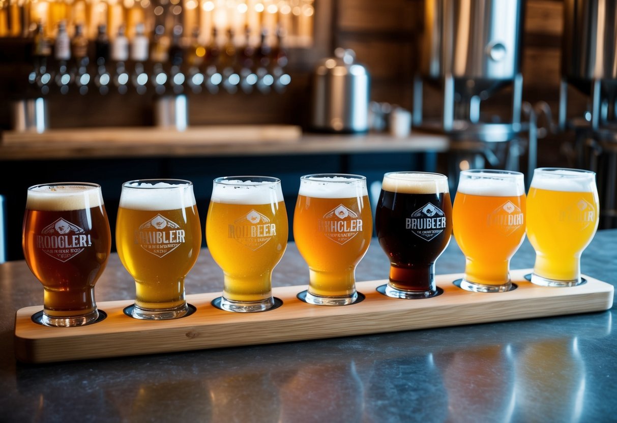 A group of beer glasses arranged on a wooden tasting board, with a flight of different colored beers, surrounded by rustic brewery decor