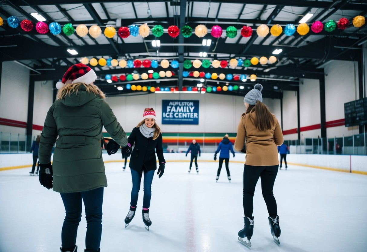 People ice skate at the Appleton Family Ice Center, surrounded by a large indoor rink and colorful, festive decorations