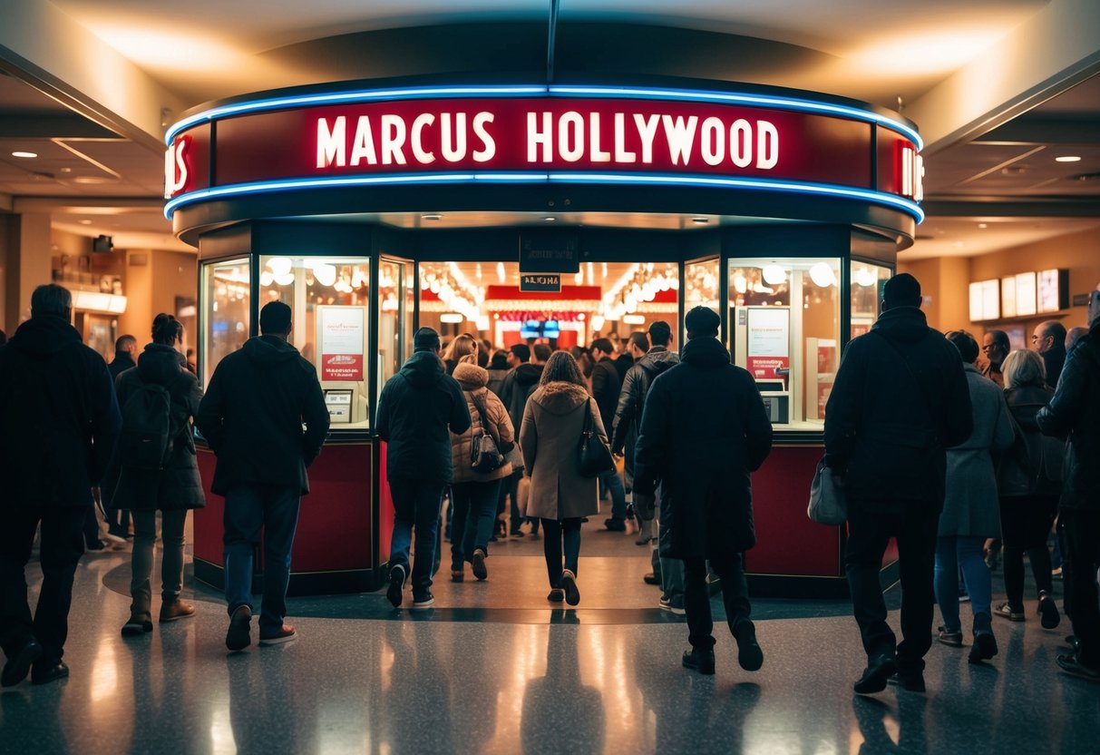 Moviegoers enter Marcus Hollywood Cinema, surrounded by bright lights and bustling crowds. The ticket booth is busy, and the smell of popcorn fills the air