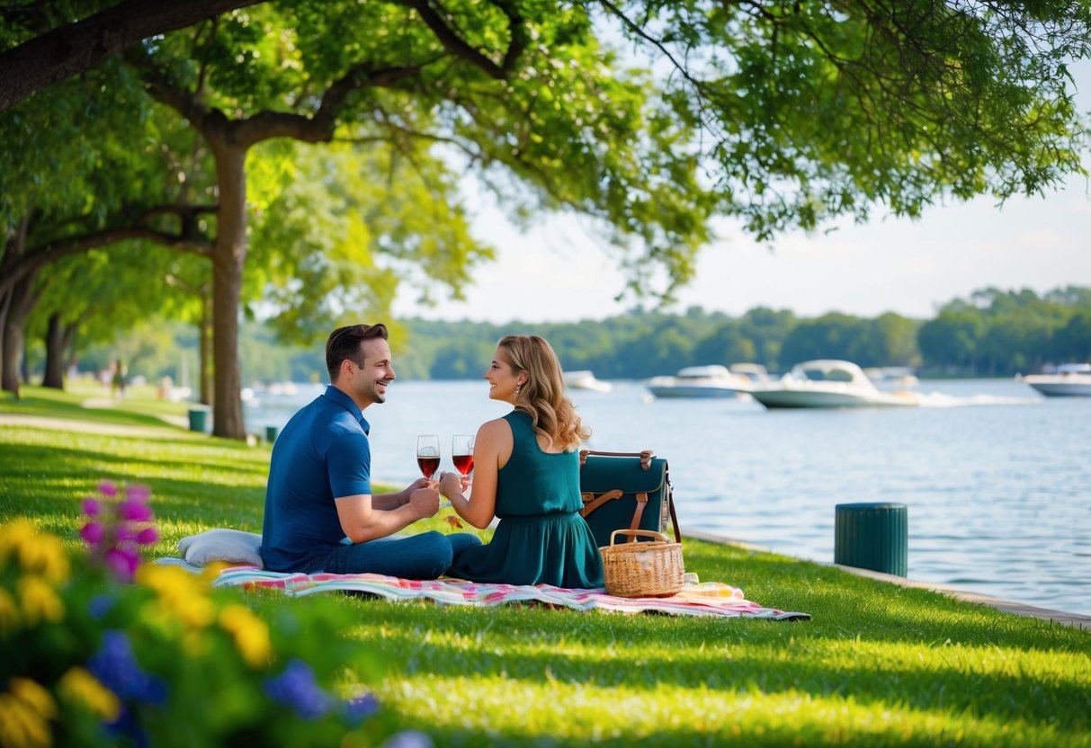 A couple enjoys a picnic by the lake at Lutz Park, surrounded by lush greenery and colorful flowers. Boats can be seen in the distance on the calm water
