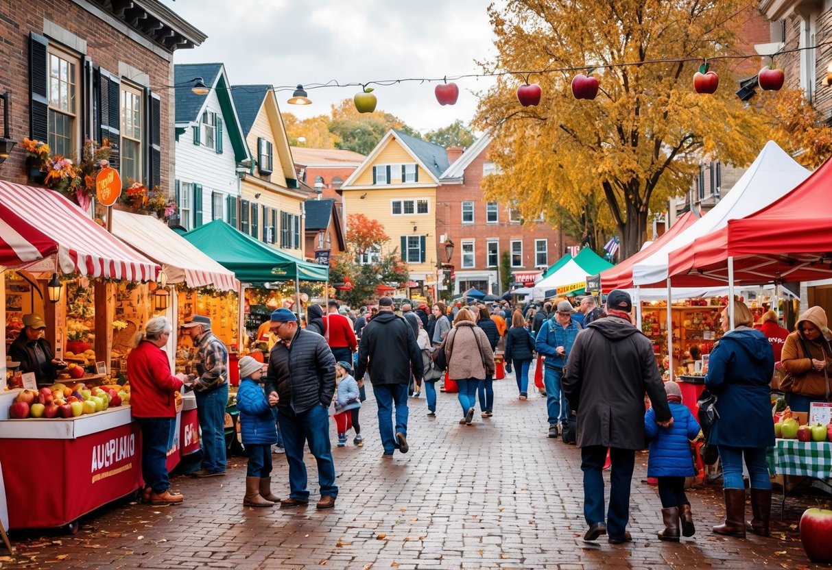 A bustling Apple Festival in a quaint town square with vendors, music, and families enjoying the autumn atmosphere