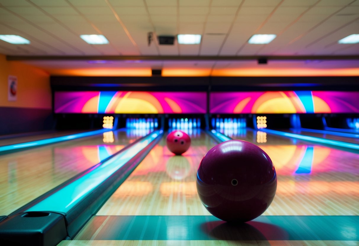 Bowling alley with colorful lanes, glowing neon lights, and shiny bowling balls rolling down the lanes