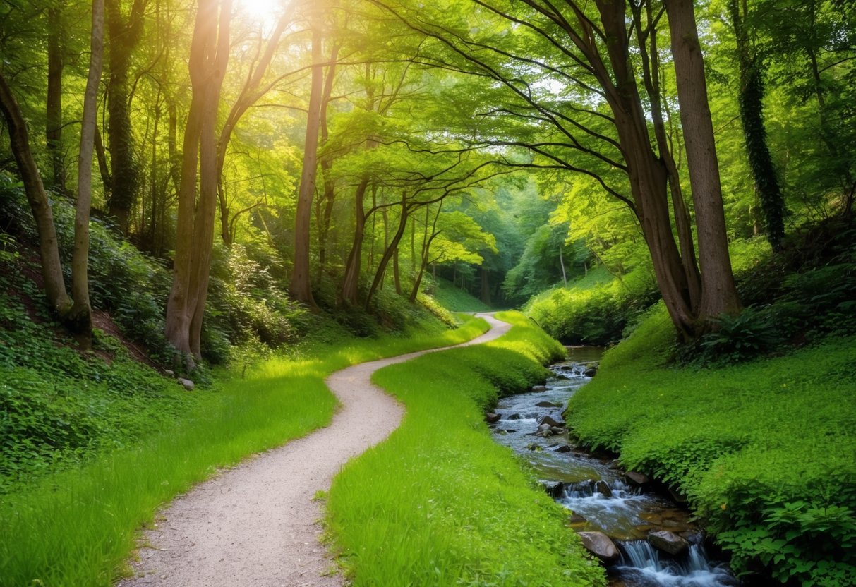 A winding trail through lush green forest, with sunlight filtering through the trees and a small stream trickling alongside