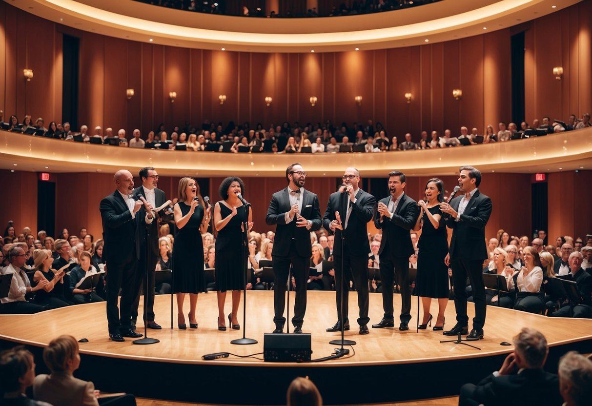 A group of singers perform on stage, surrounded by an audience in a concert hall filled with warm lighting and elegant decor