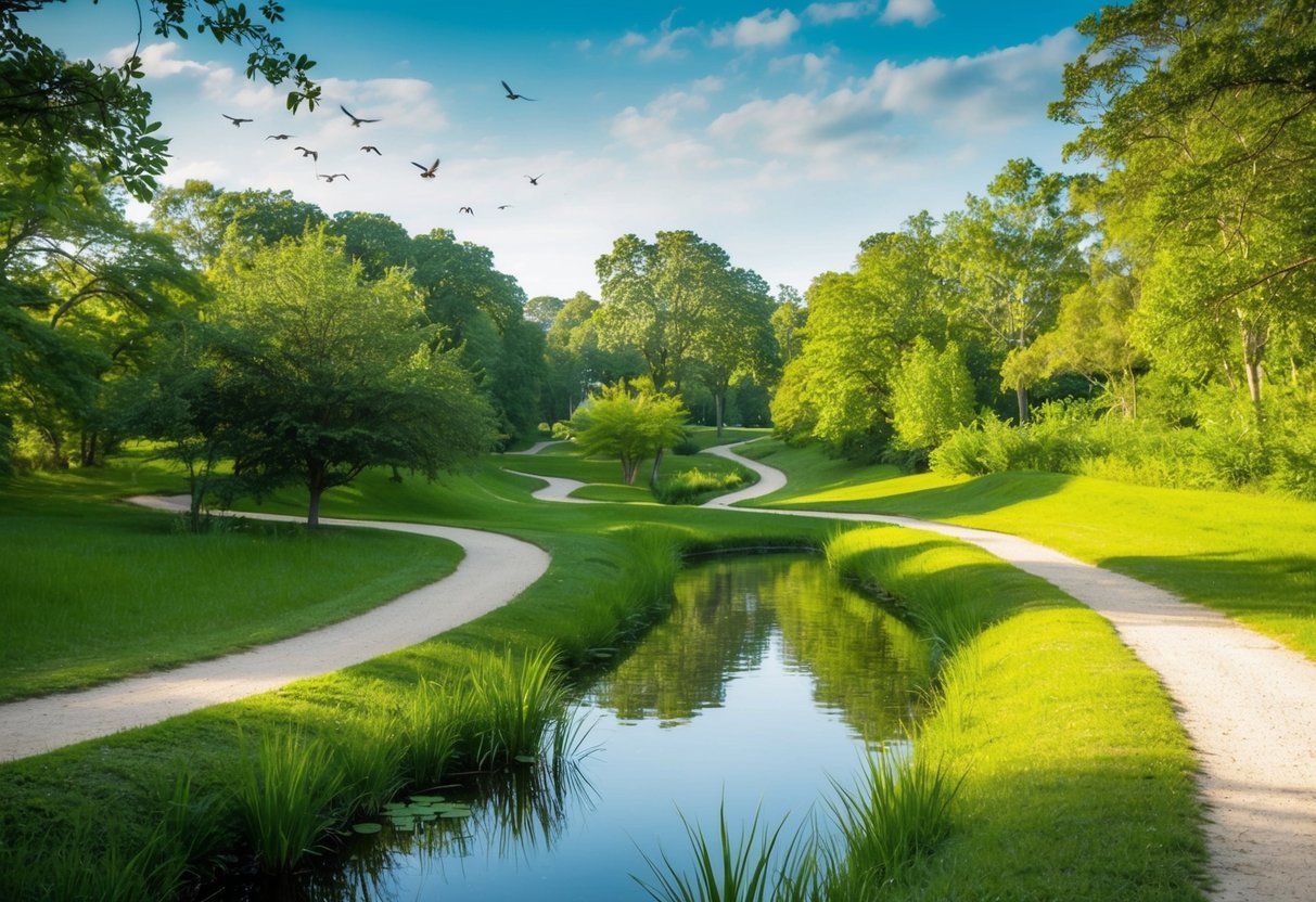 A serene nature preserve with winding trails, lush greenery, and a tranquil pond. Birdsong fills the air as sunlight filters through the trees