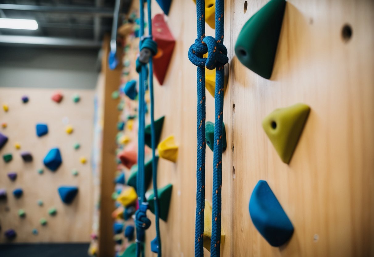 A rock climbing wall with colorful holds and ropes at Vertical Adventure in Appleton, WI