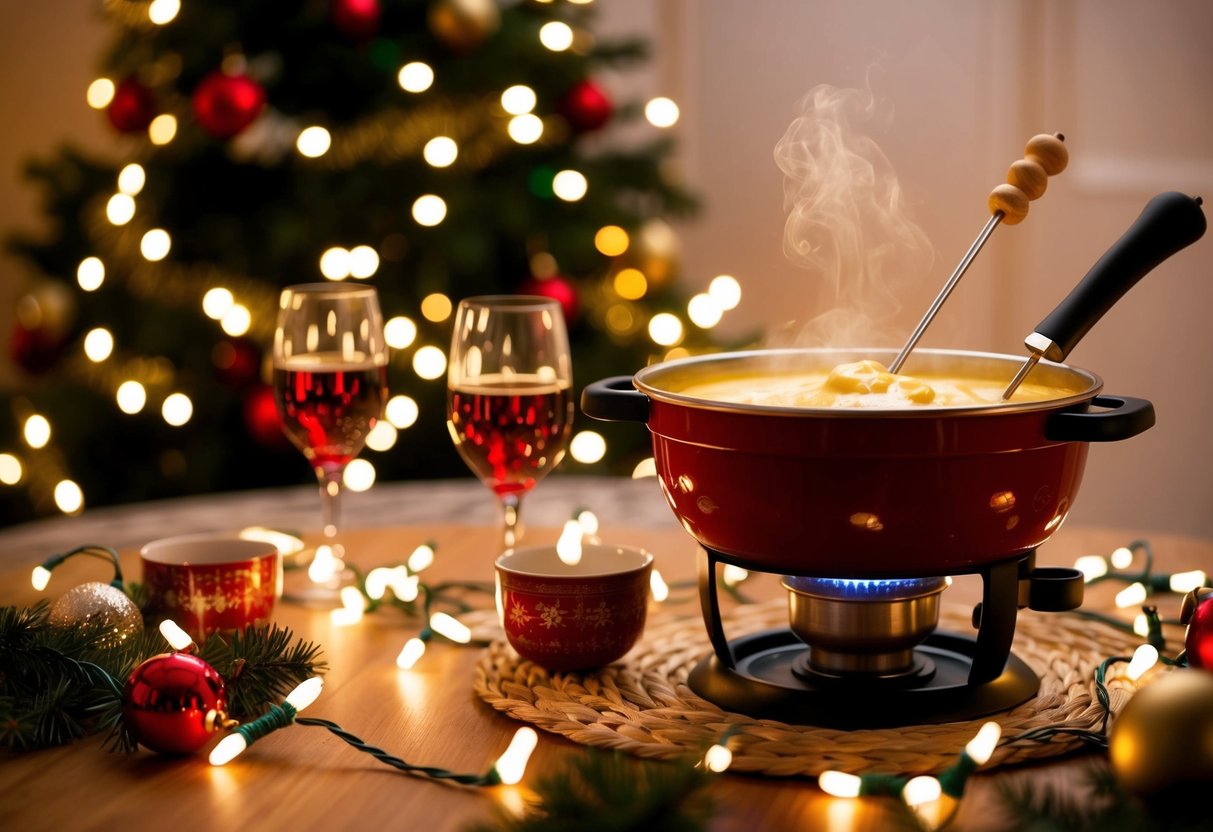 A cozy table with a bubbling fondue pot, surrounded by twinkling Christmas lights and festive decorations