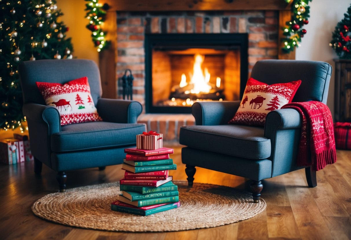 A cozy living room with a crackling fire, two armchairs, a stack of Christmas storybooks, and a warm, festive atmosphere