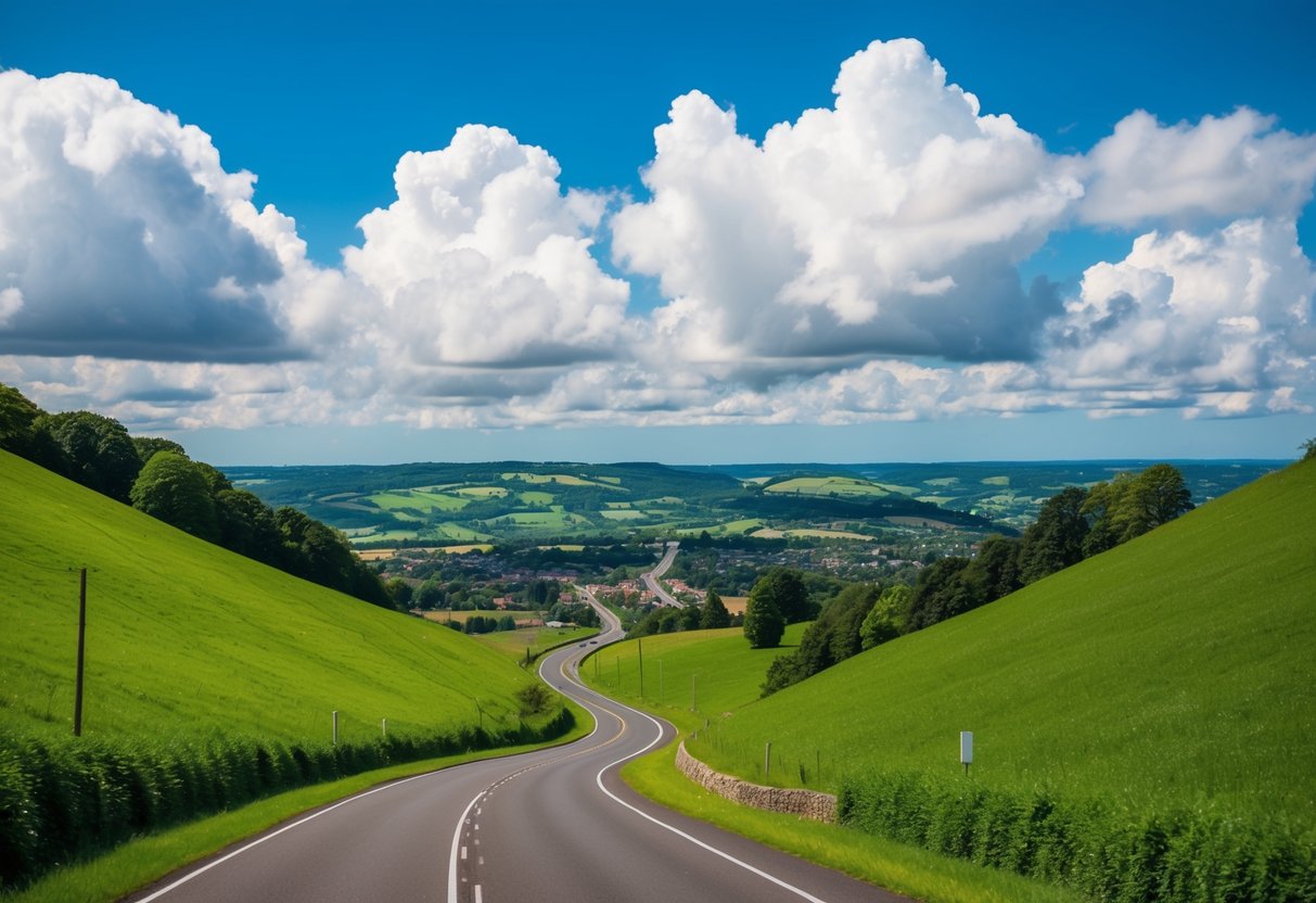 A winding road through lush green hills, with a bright blue sky and puffy white clouds overhead. A small town in the distance, surrounded by fields and forests
