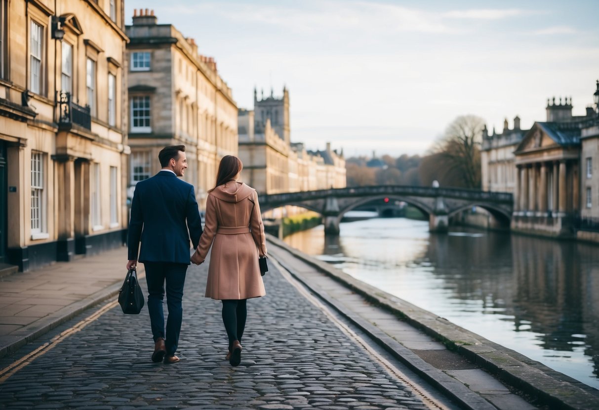 A couple strolling along the cobblestone streets of Bath, passing by historic Georgian architecture and the tranquil River Avon