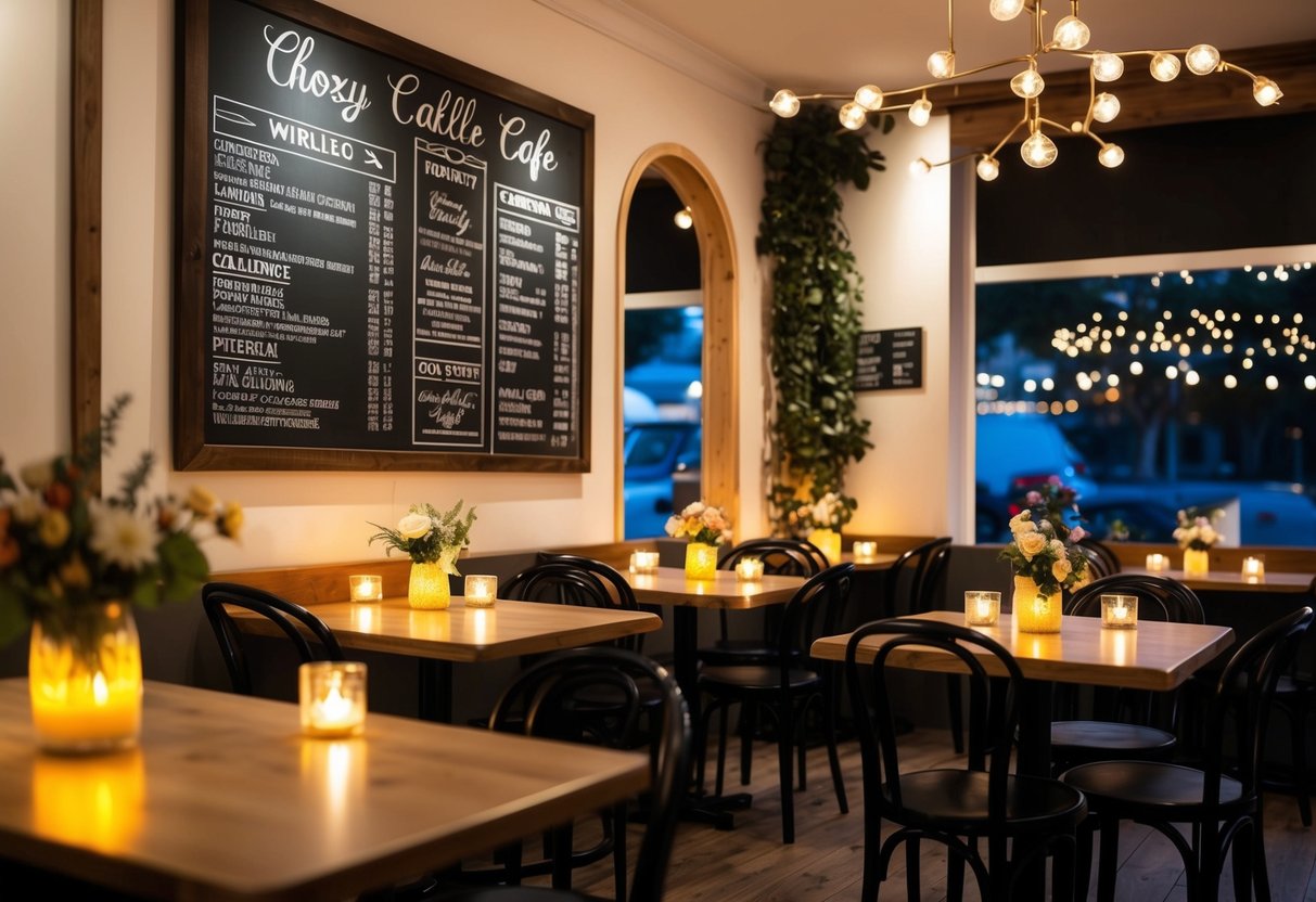 A cozy cafe with twinkling lights and a chalkboard menu. Tables are adorned with flickering candles and fresh flowers