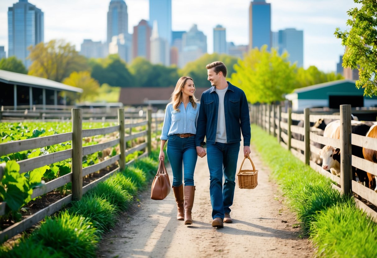 A couple strolling through a vibrant city farm, surrounded by animals and lush greenery