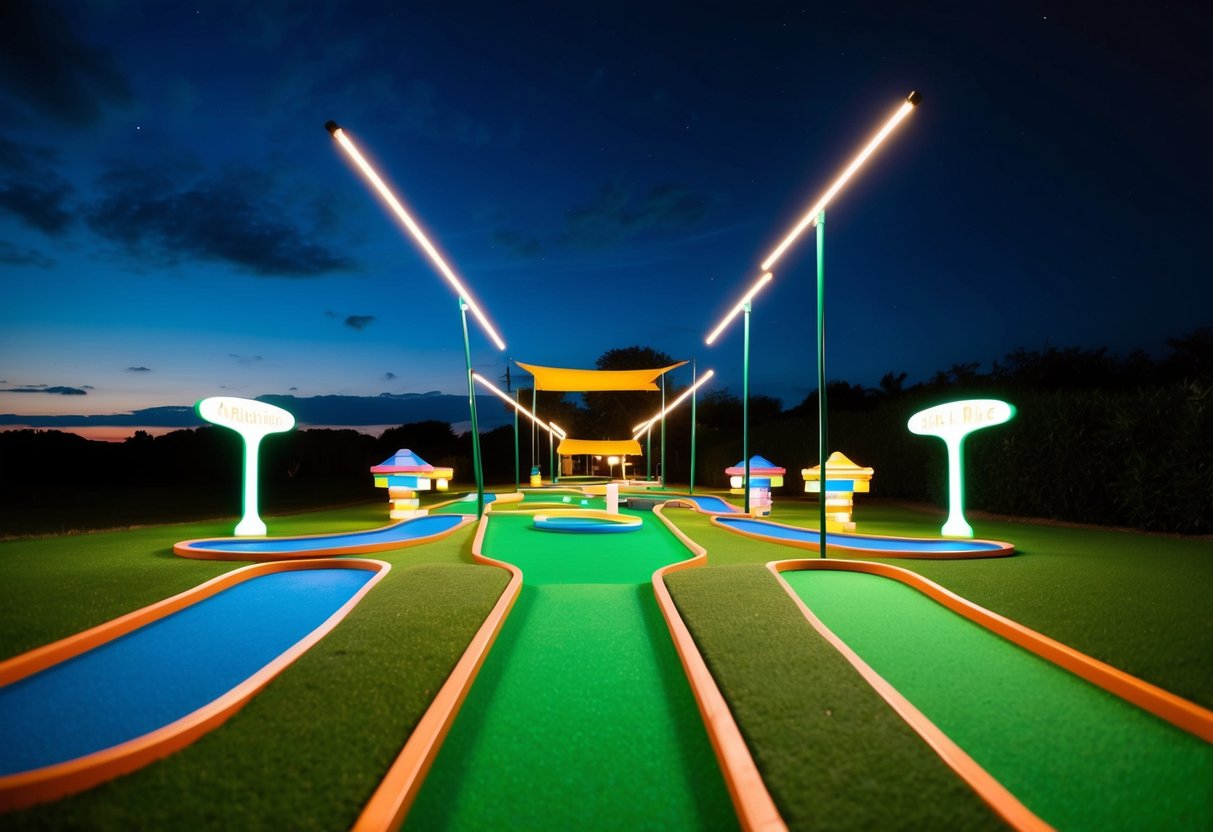 A colorful mini golf course set against a dark night sky, with glowing neon obstacles and pathways creating a whimsical and romantic atmosphere