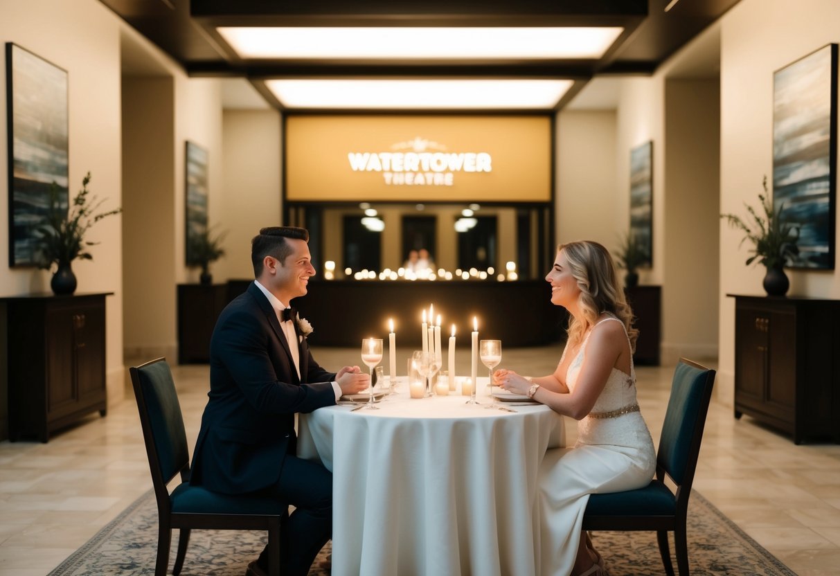 A couple sits at a candlelit table in the WaterTower Theatre lobby, surrounded by art and soft lighting