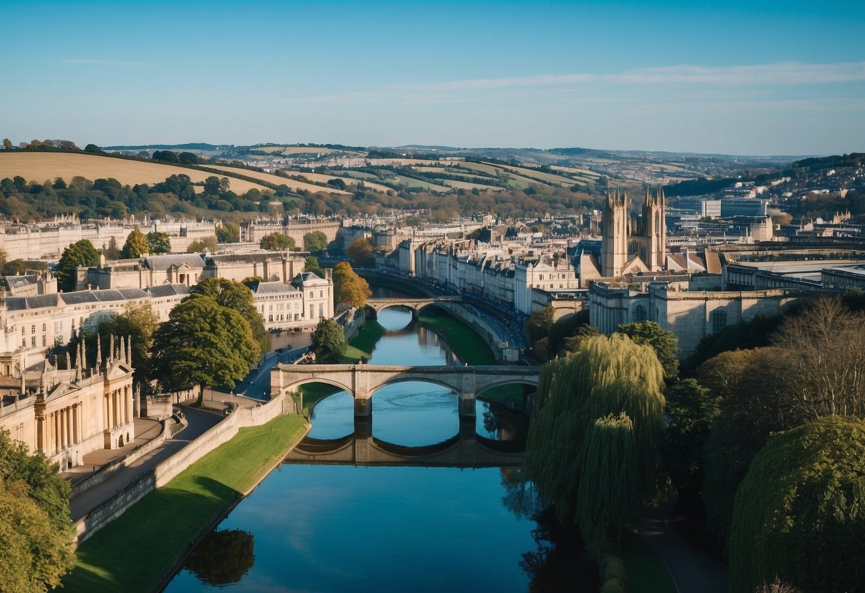 A panoramic view of the Bath skyline walk, with rolling hills, old architecture, and the river Avon winding through the city