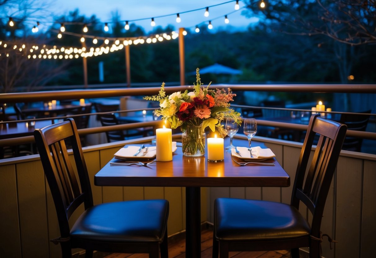 A cozy corner table at Lazy Dog Restaurant & Bar, dimly lit with candles and adorned with fresh flowers, overlooking a serene patio with twinkling string lights