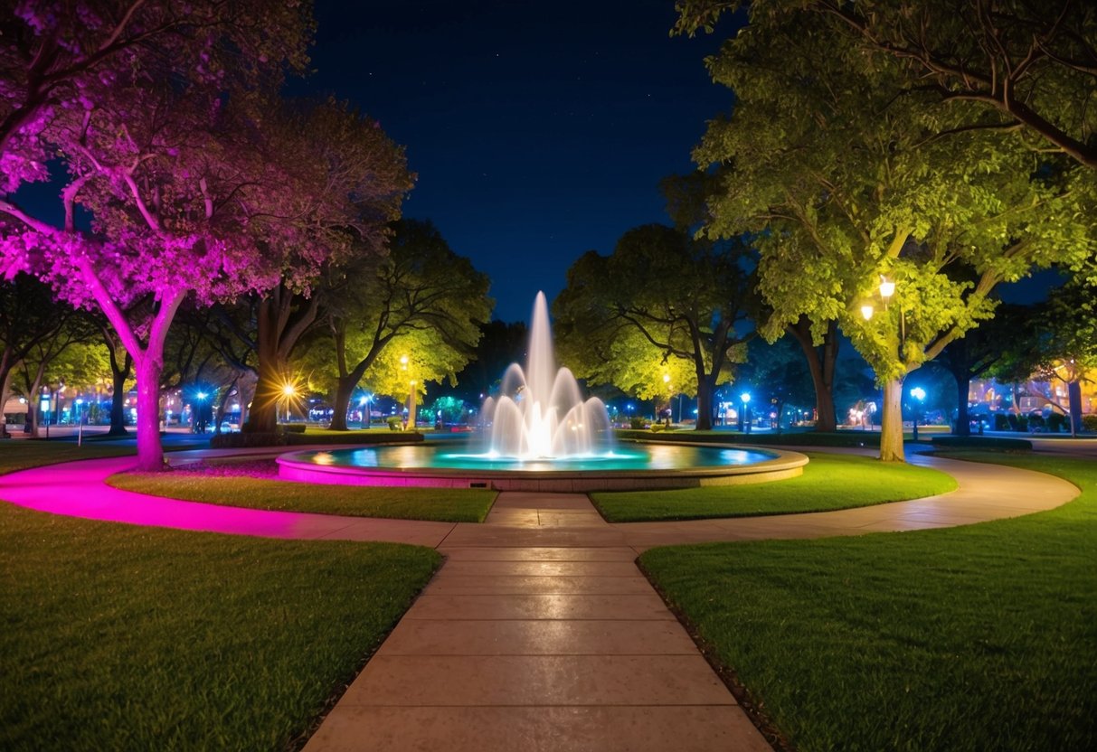 Colorful lights illuminate a park with a central fountain. Trees and pathways surround the area, creating a romantic and enchanting ambiance for a date