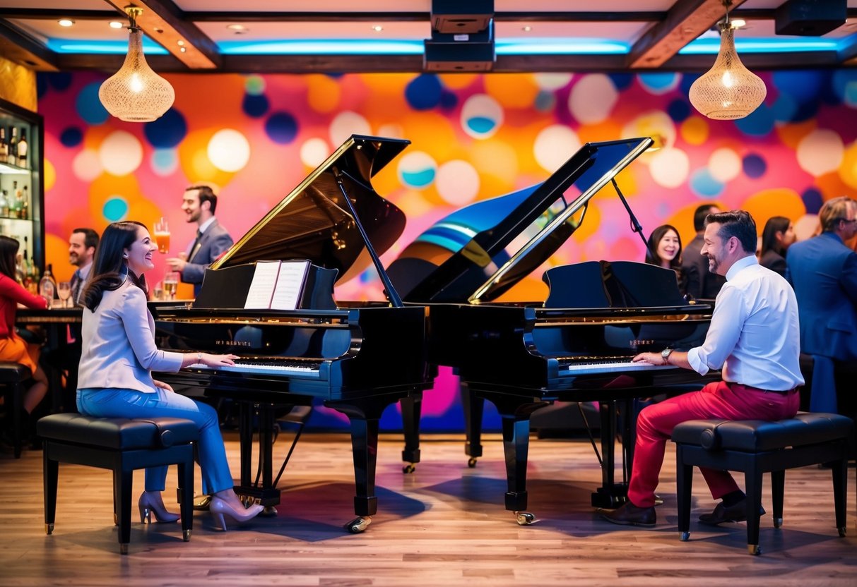 Colorful piano bar with lively atmosphere, two grand pianos facing each other. Patrons enjoy drinks and music while chatting and laughing