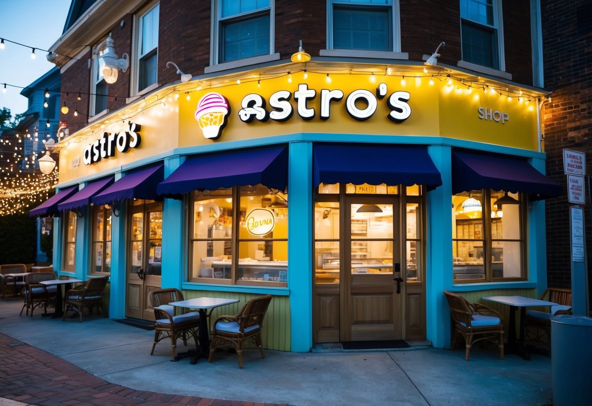 A cozy ice cream shop with Astro's name on the sign, surrounded by twinkling lights and a charming outdoor seating area