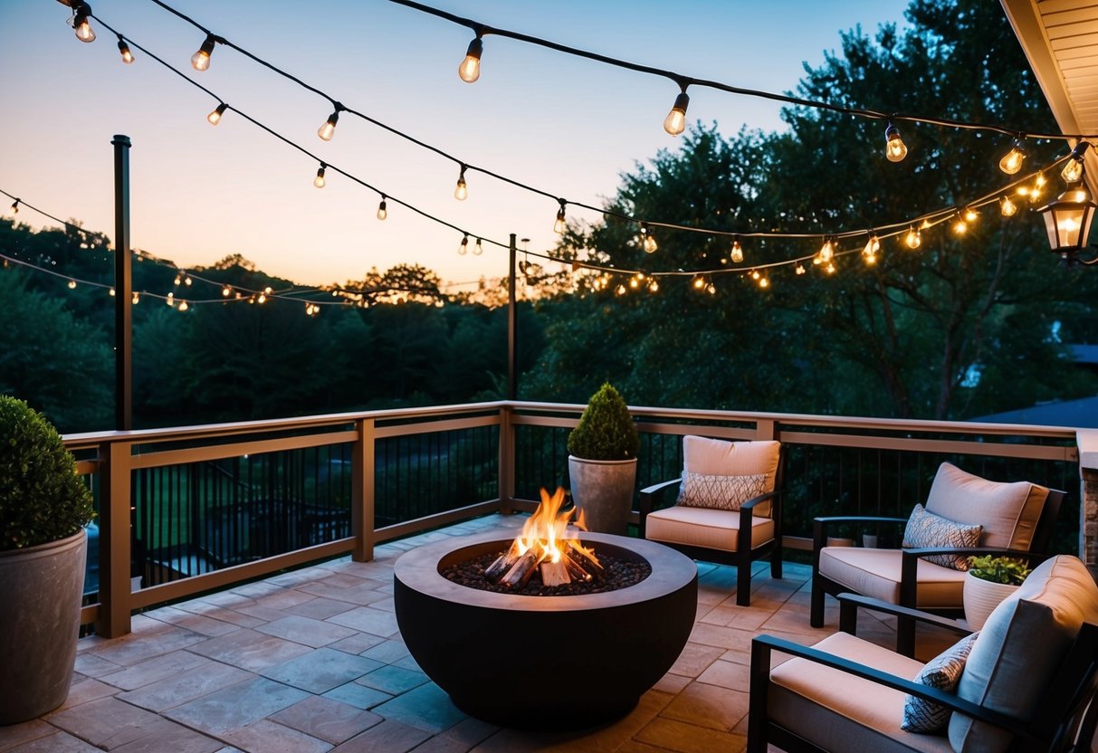 A cozy outdoor patio with twinkle lights, a fire pit, and comfortable seating for two