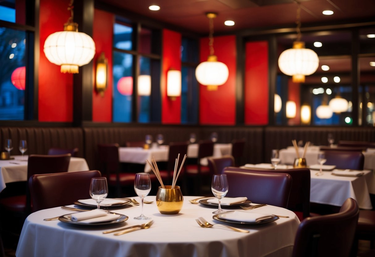 A cozy Chinese restaurant in Addison with dim lighting, red and gold decor, and tables set with white tablecloths and delicate chopsticks